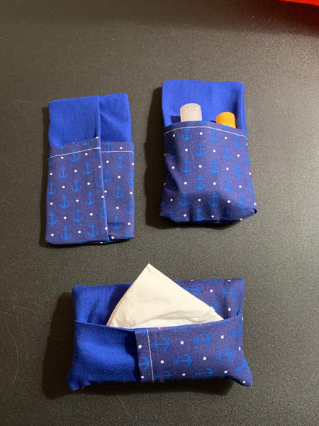 Kleenex Holder with back pocket- blue with anchors